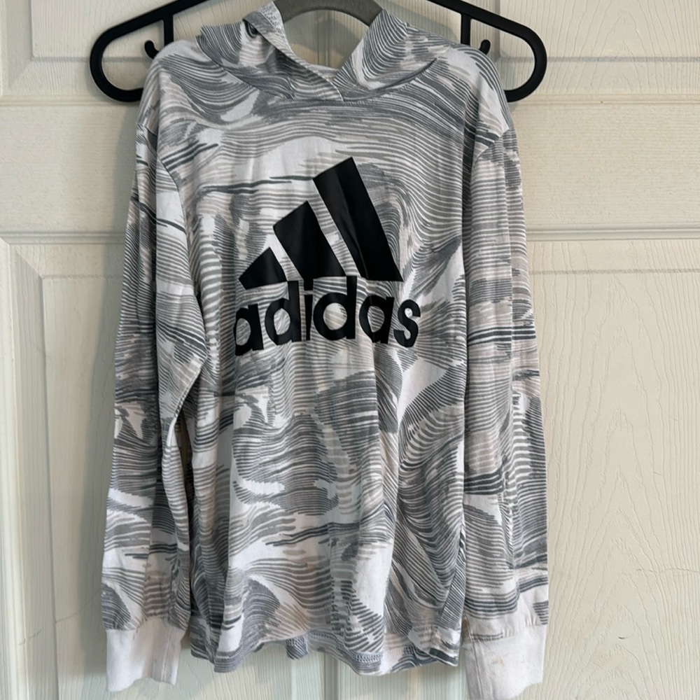 Adidas Mens Grey White Abstract Graphic Print Long Sleeve Hooded‎ T-Shirt Small